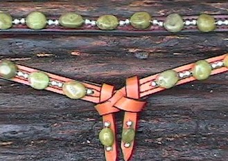 Hi Yo Turquoise headstall with natural green turquoise stones and sterling silver beads hand-sewn on light leather
