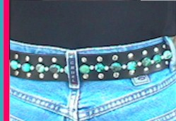 Hi Yo Turquoise black leather belt with silver studwork rows and hand-sewn turquoise and sterling silver beads