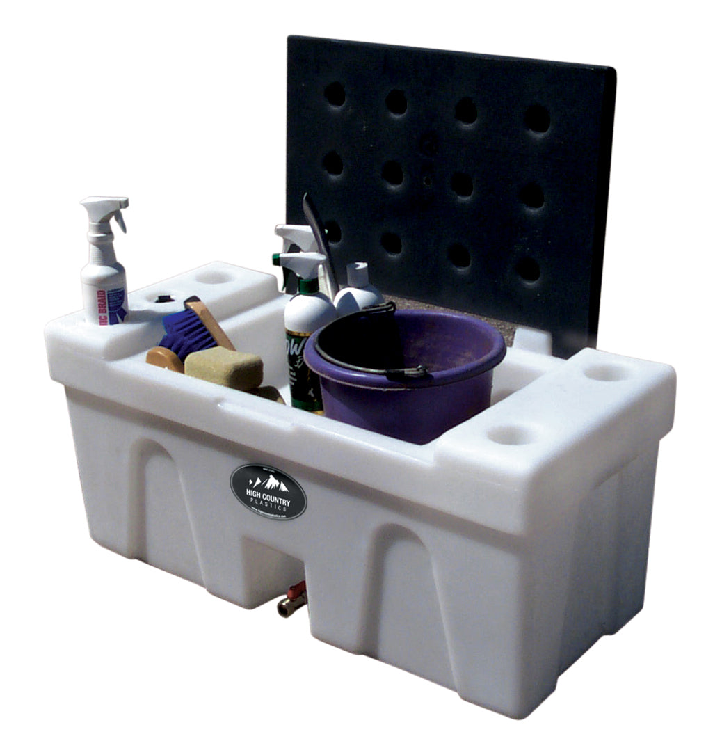 High Country Plastics BC-25 Bench Water Caddy with its lid open showing a bucket, brushes and spray bottles in the storage space