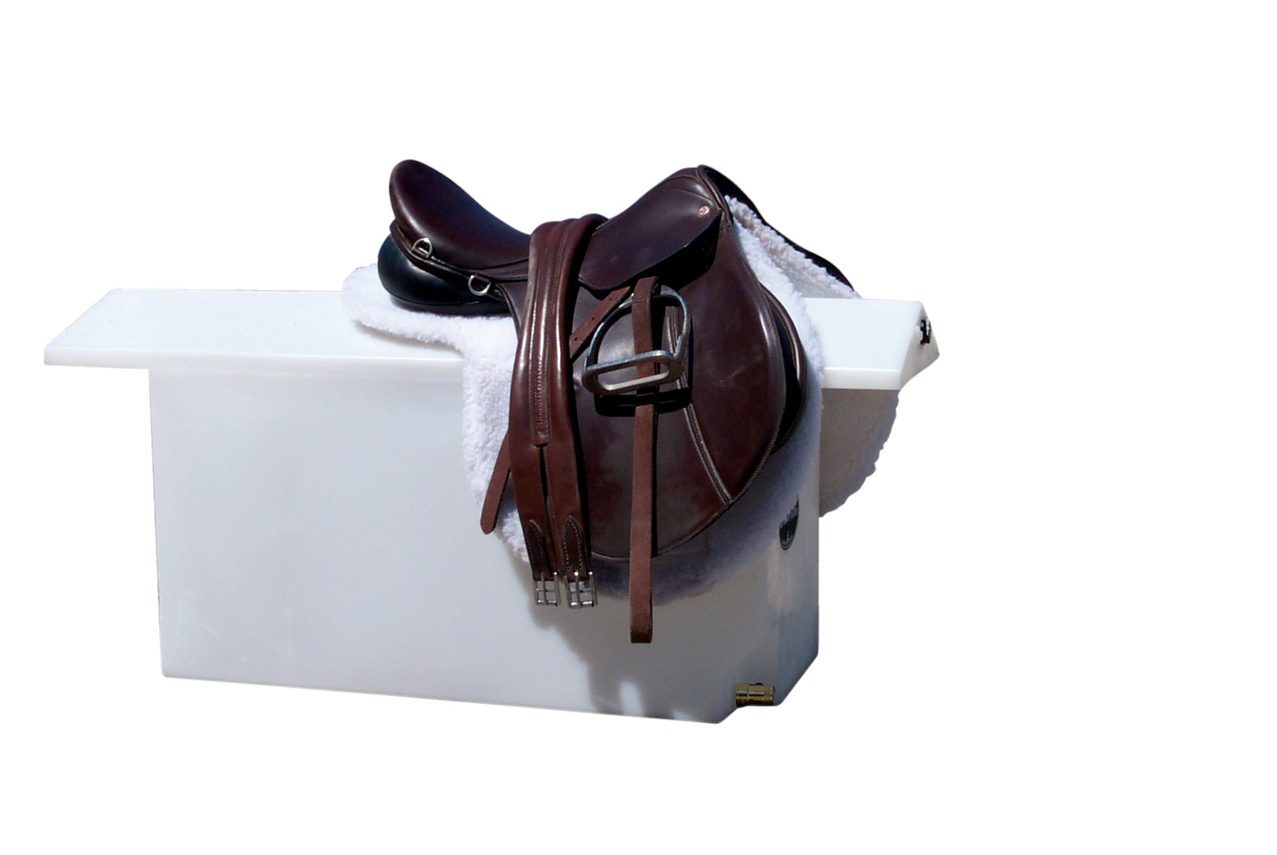 High Country Plastics DC-1 Dry Camp water caddy with an English saddle and fleece pad resting on its top