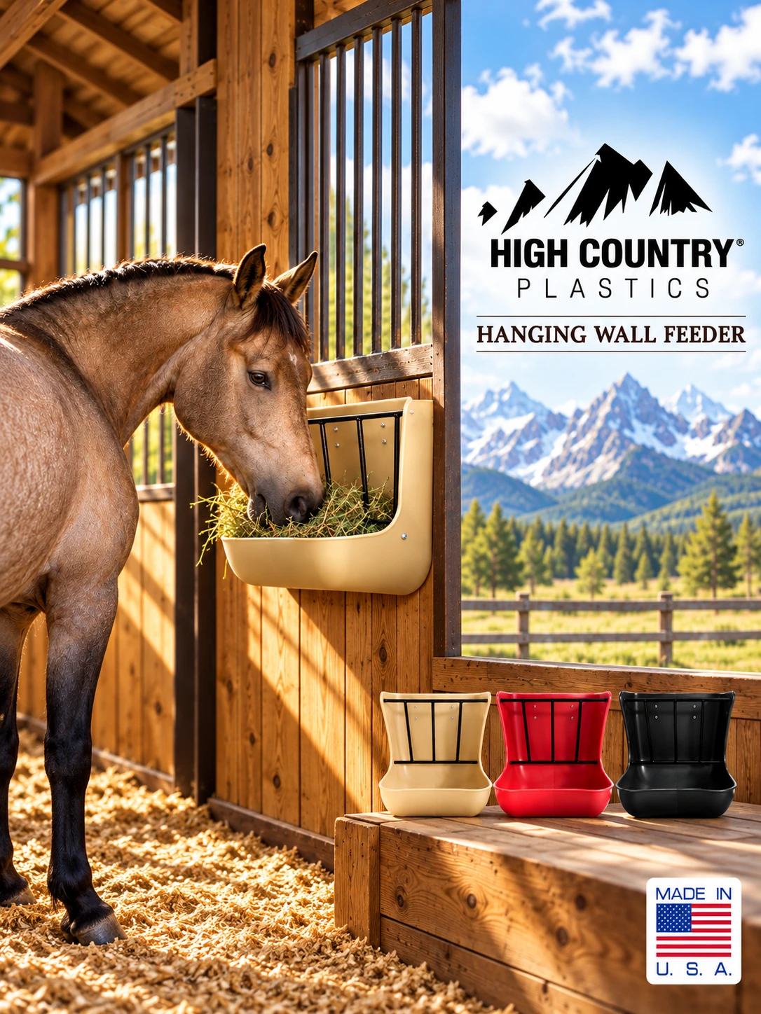 High Country Plastics Hanging Wall Feeder ad: a buckskin horse eats hay from a tan wall feeder in a sunlit wooden barn, with tan, red and black feeders, mountains and a Made in U.S.A. badge