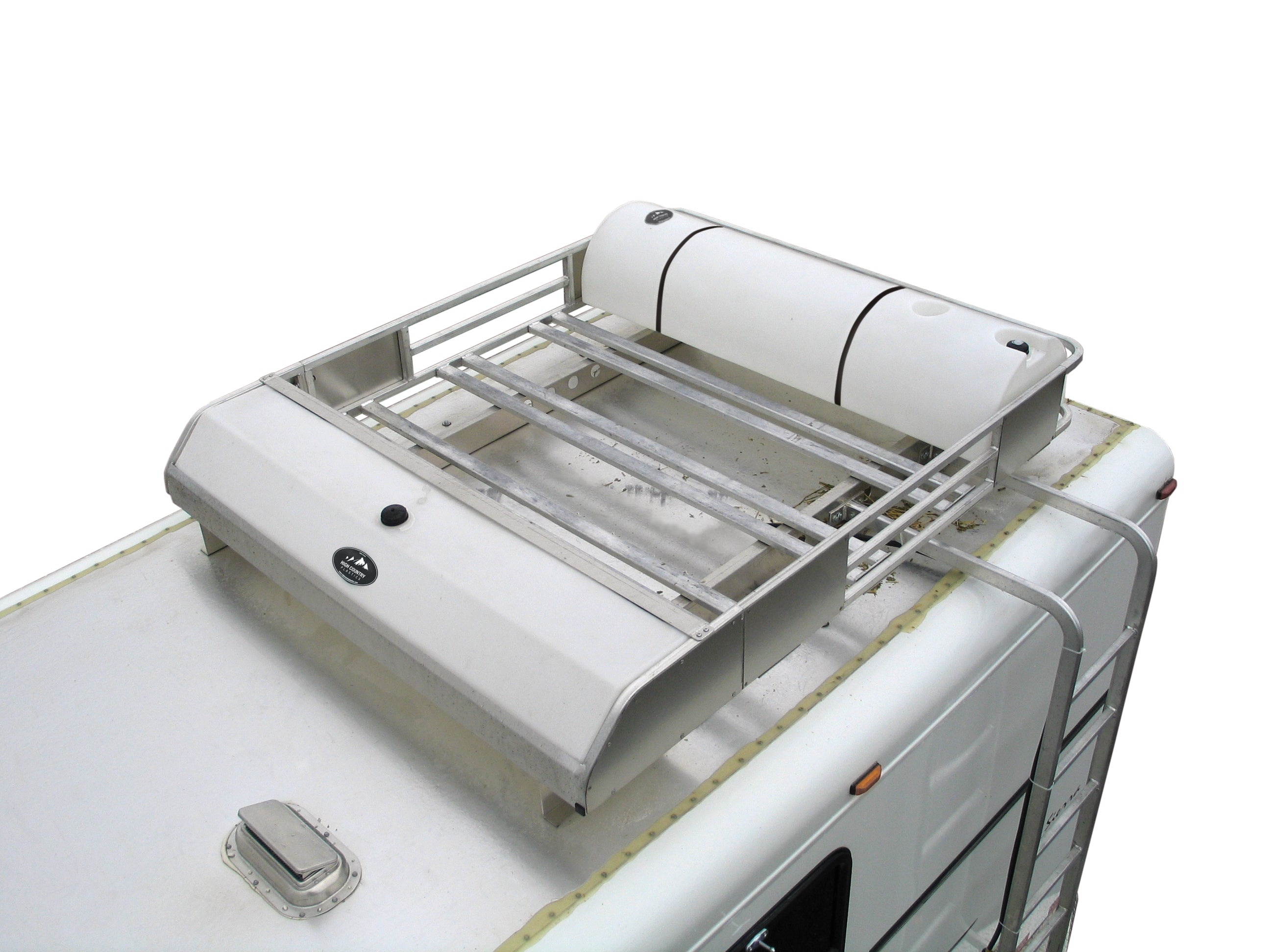 High Country Plastics hay rack water caddies mounted at the back of an aluminum hay rack on a vehicle roof