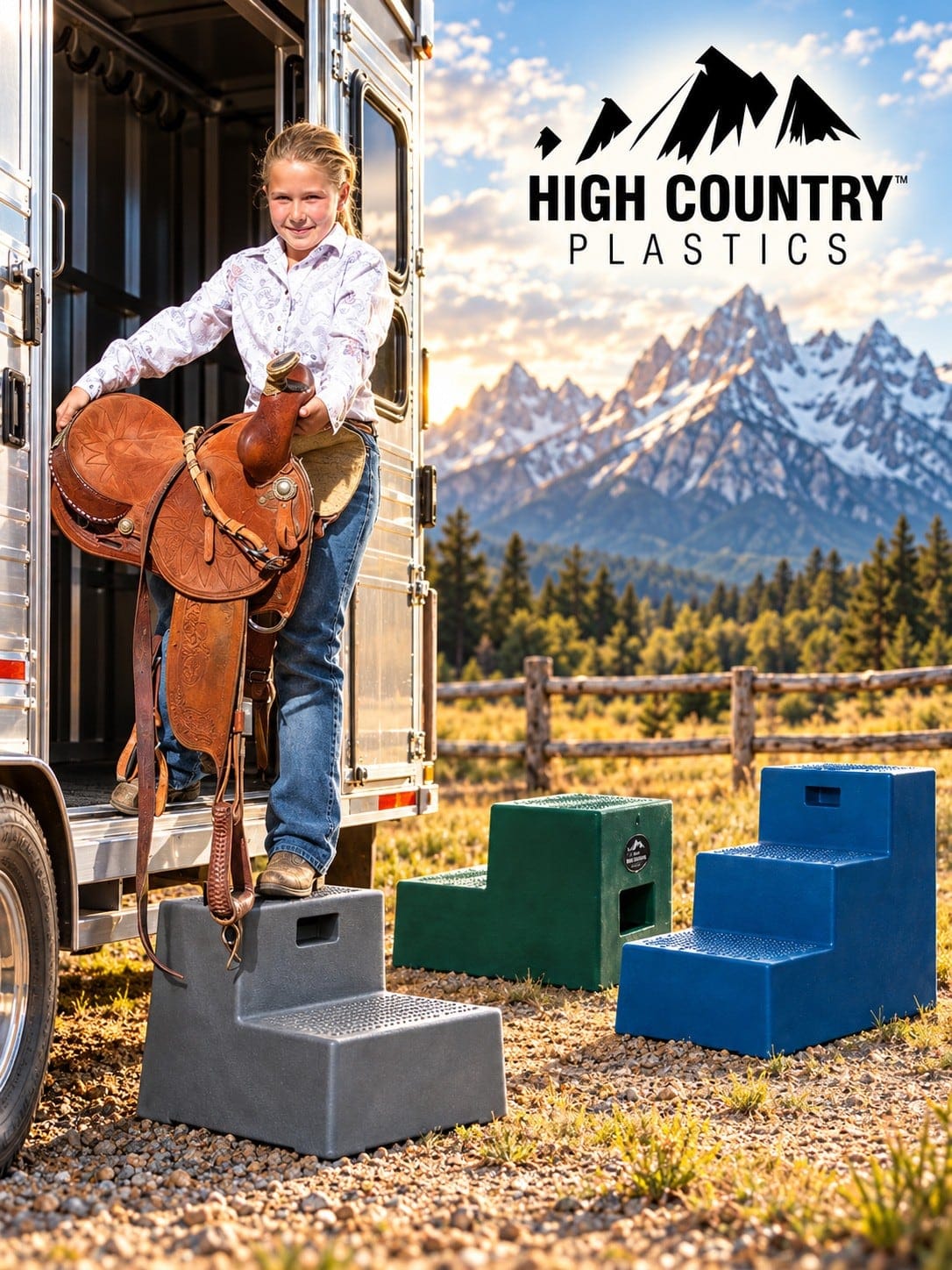 A smiling young rider steps down from a horse trailer onto a gray High Country Plastics mounting block, holding a tooled Western saddle, with green and blue blocks beside her and snow-capped mountains behind