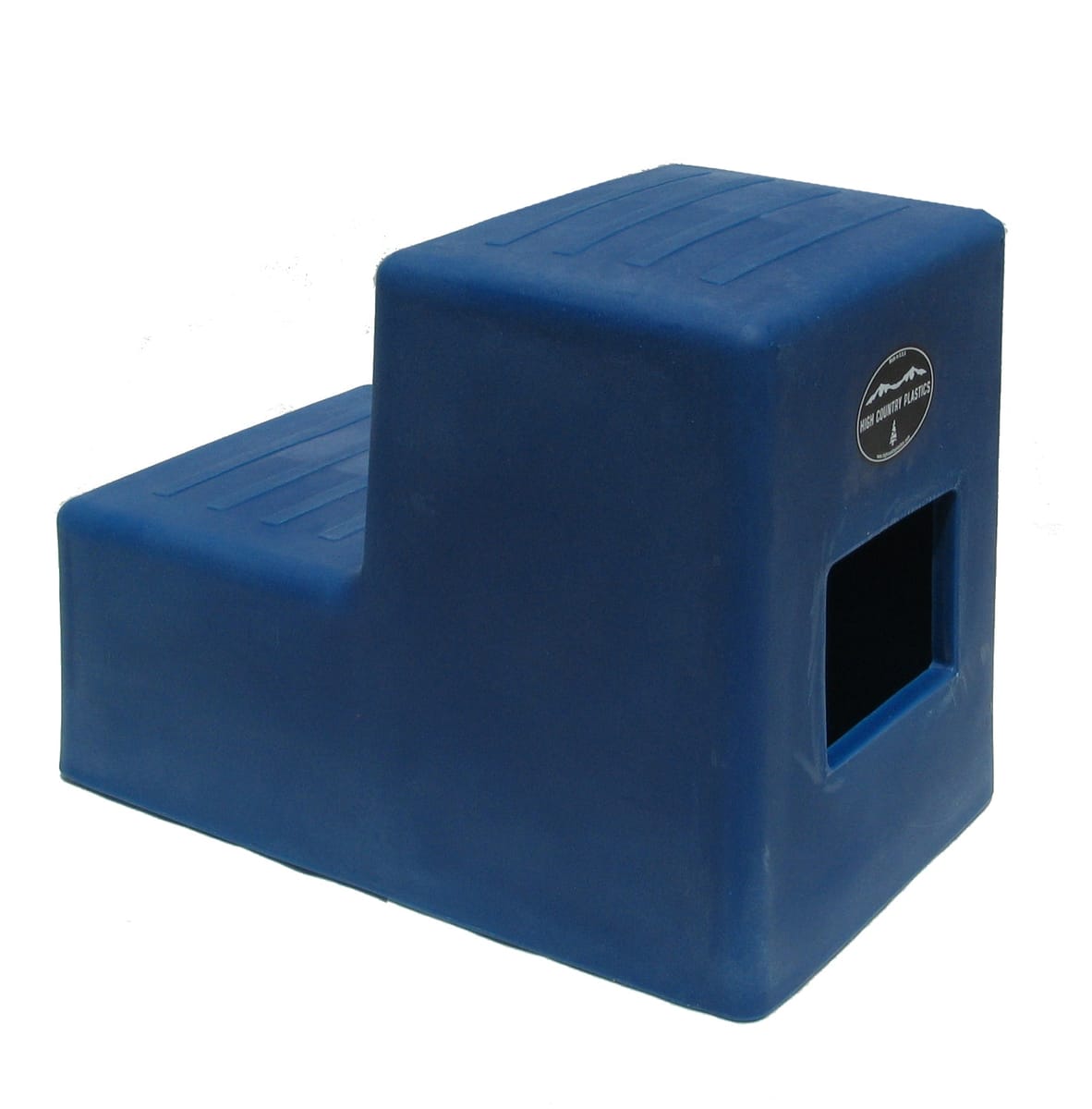 Blue MS-19 two step poly mounting block by High Country Plastics with the logo plate and storage window