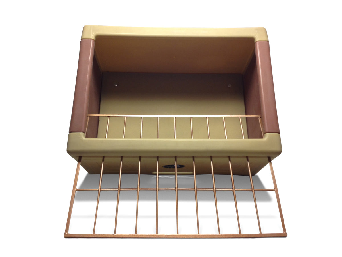 Slow Feeder Saver by High Country Plastics showing solid poly bottom and small grate holes