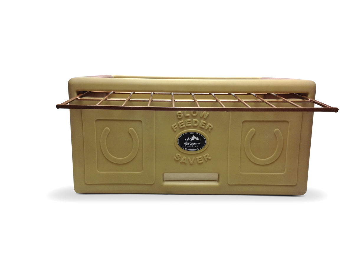 High Country Plastics Slow Feeder Saver ground-level horse hay feeder with grated top