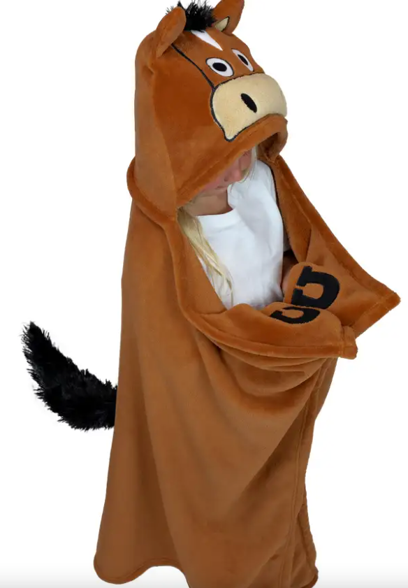 Hobby Hill Horse Critter hooded kids blanket in soft fleece with horse applique design