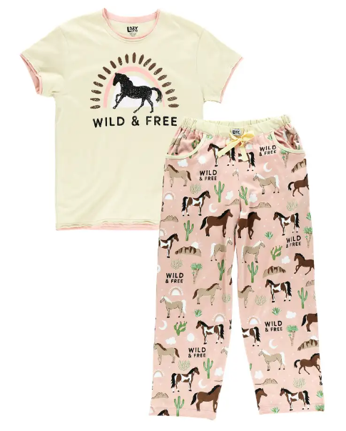 Hobby Hill Wild and Free Horses womens pajama set in combed cotton with all-over horse print for horse lovers