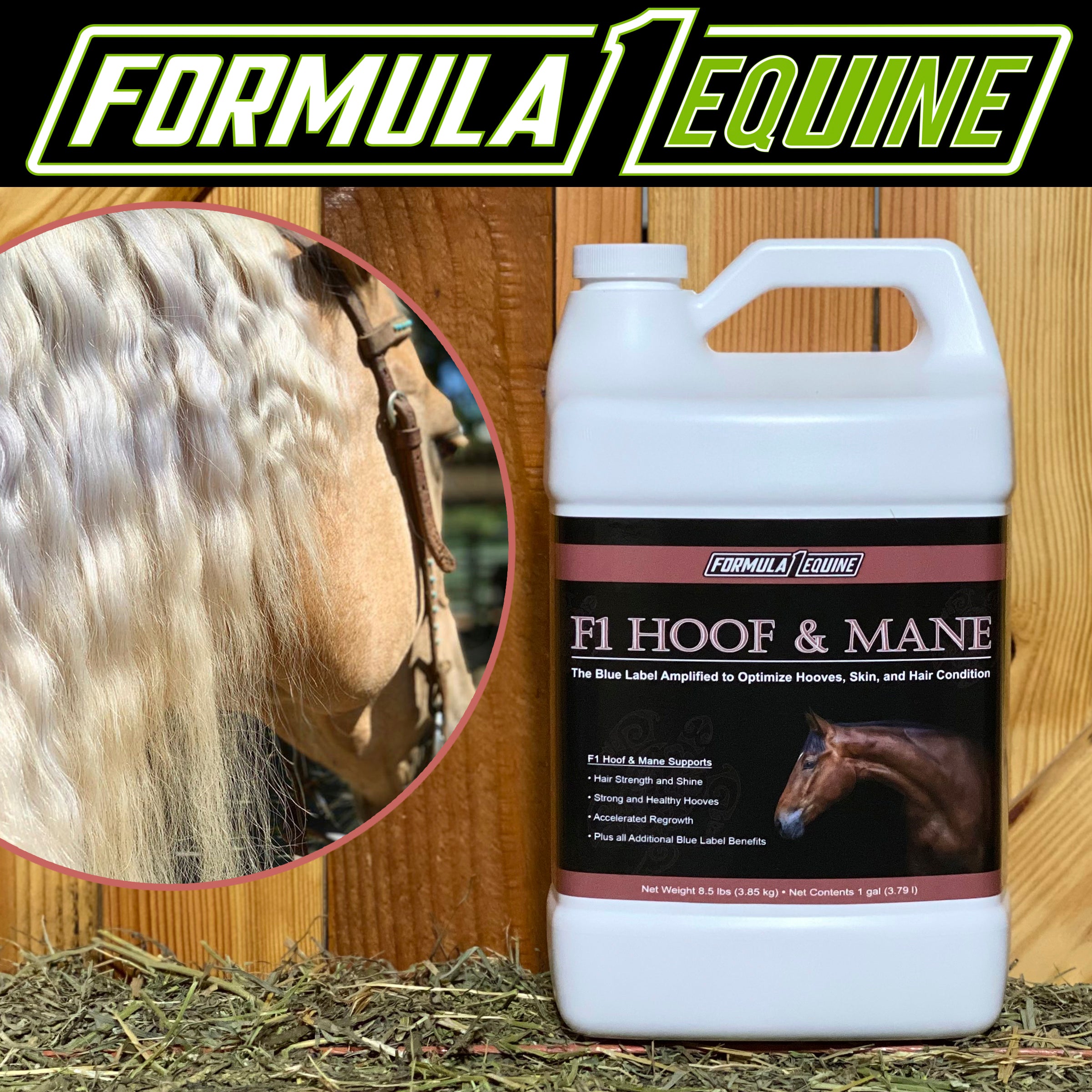 F1 HOOF and MANE gallon supplement beside a thick flaxen horse mane