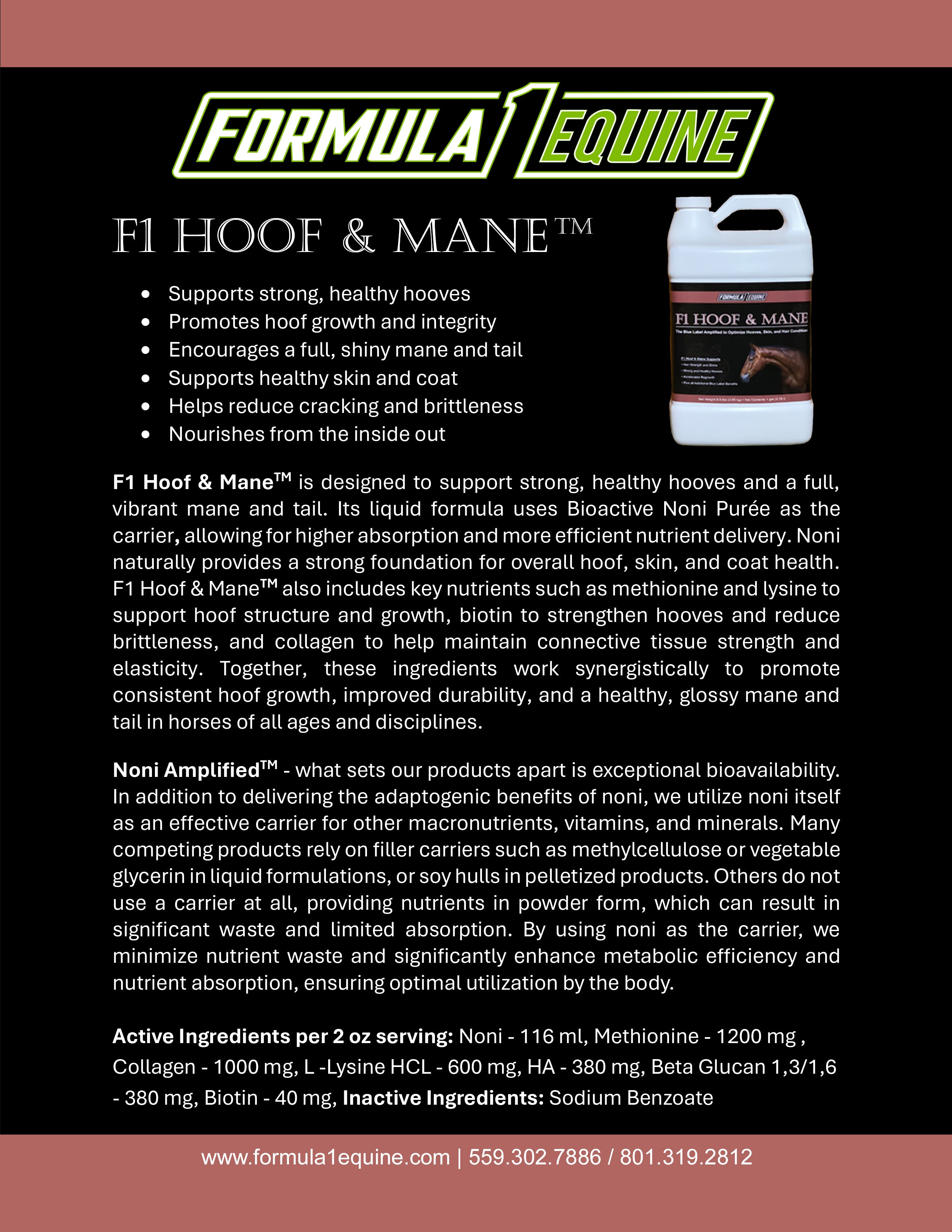 F1 HOOF and MANE product sheet listing noni, biotin, collagen and amino acids