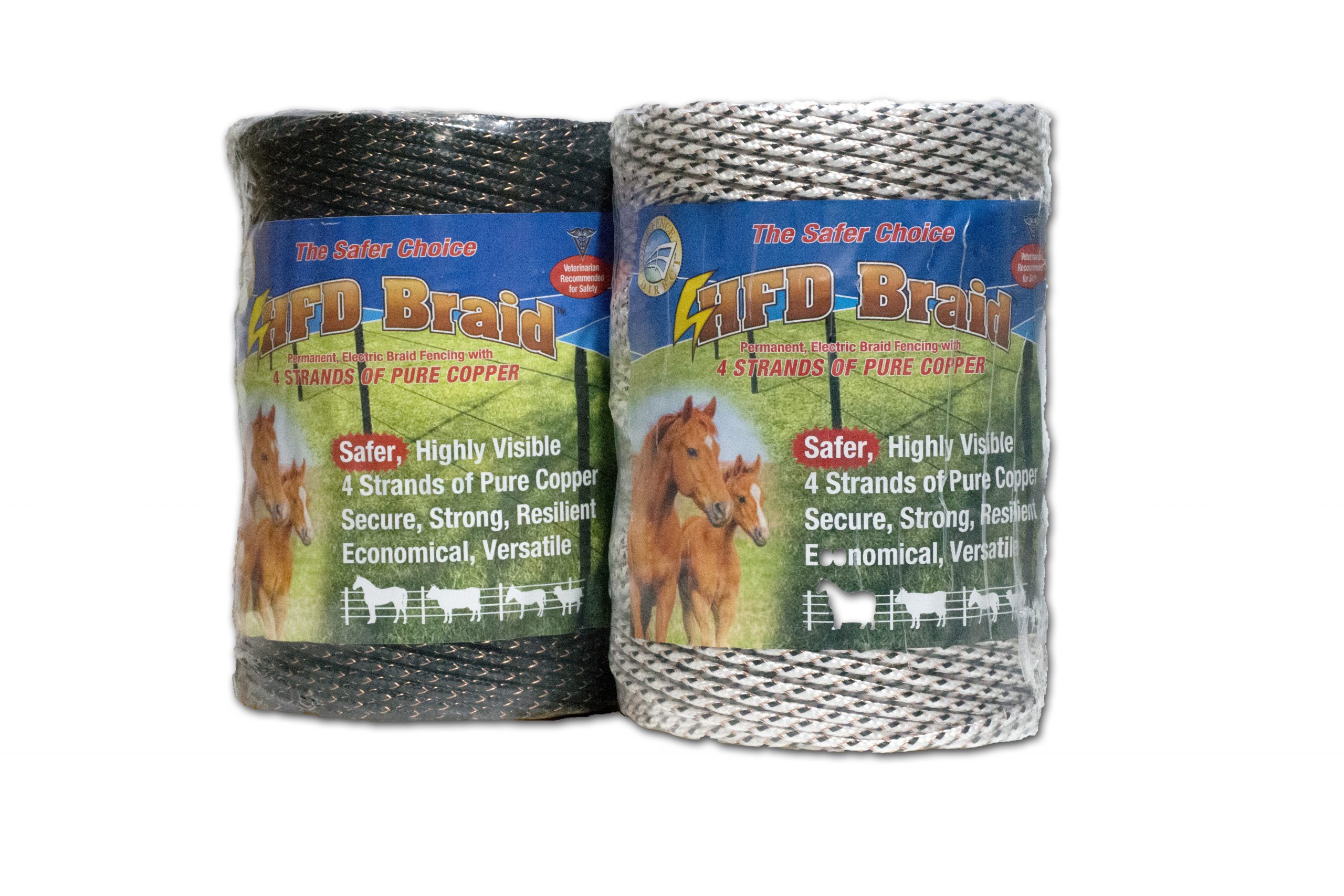 HFD Braid electric horse fence rope shown in both black and white colors