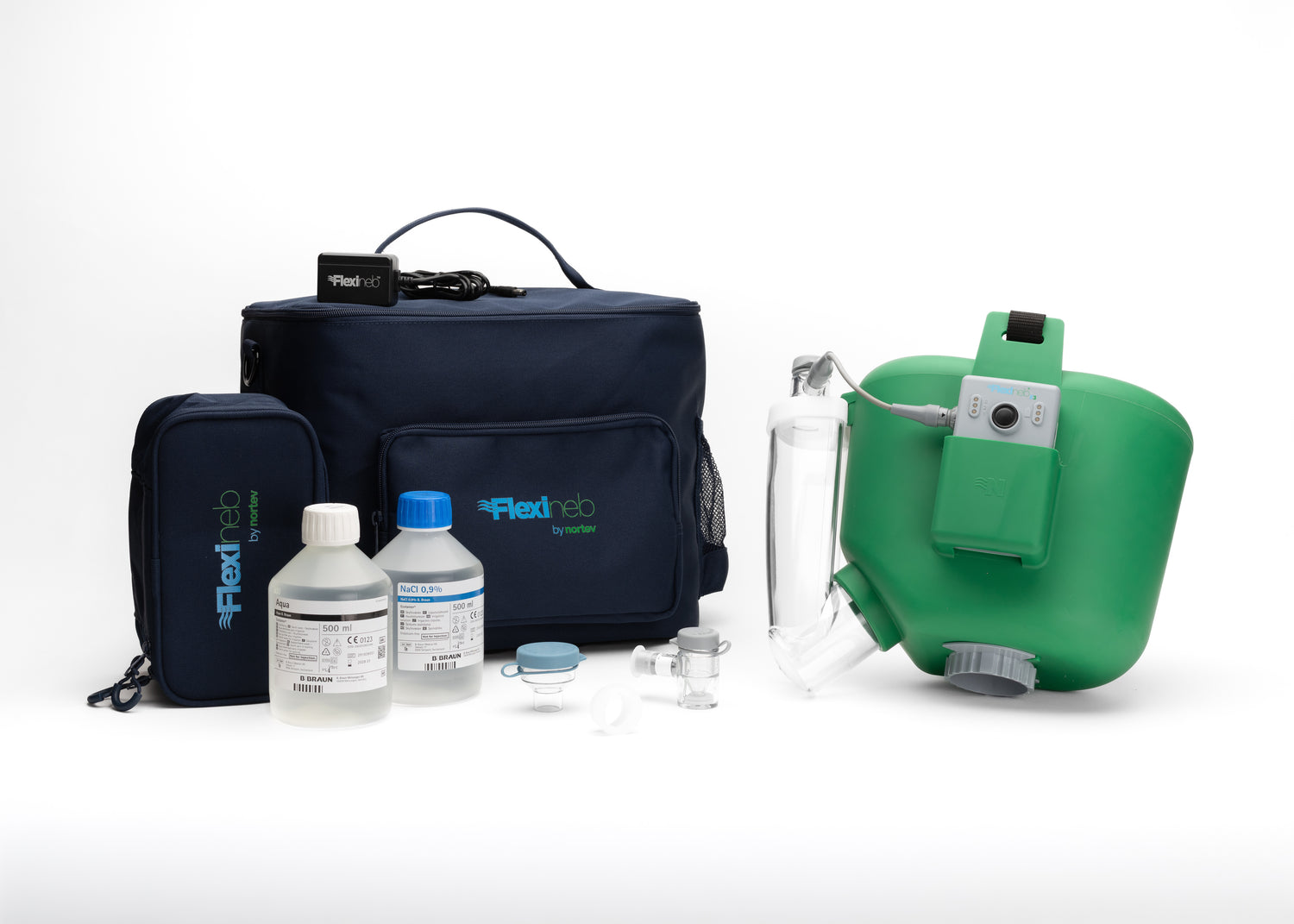 Complete Flexineb E3 equine nebulizer set in green with controller, mask, and carrying case