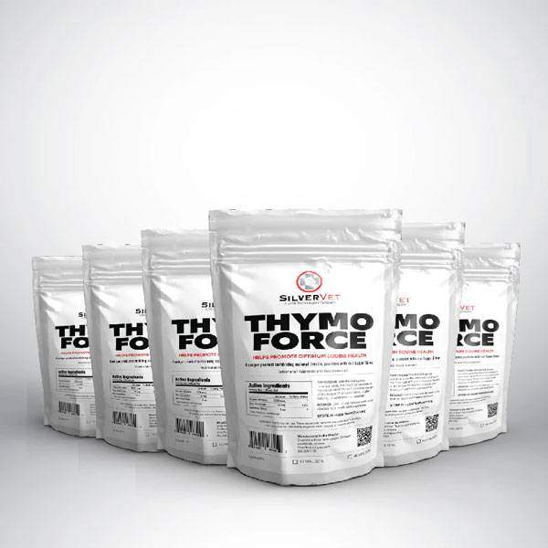 Row of ThymoForce by SilverVet equine supplement pouches on a white background