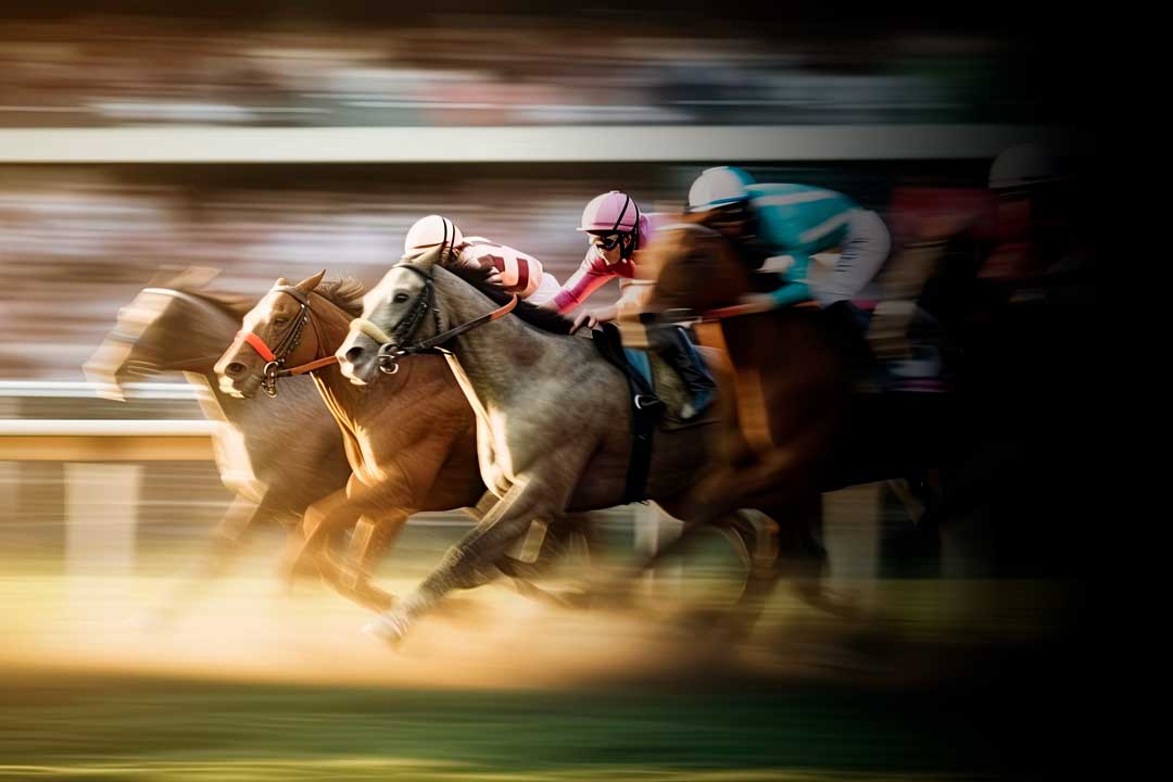 Thoroughbred racehorses and jockeys thundering down the track in close competition