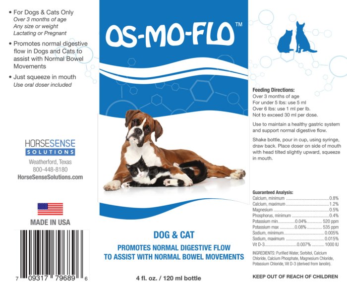 OS-MO-FLO for Dogs and Cats label showing ingredients, dosing directions and guaranteed analysis