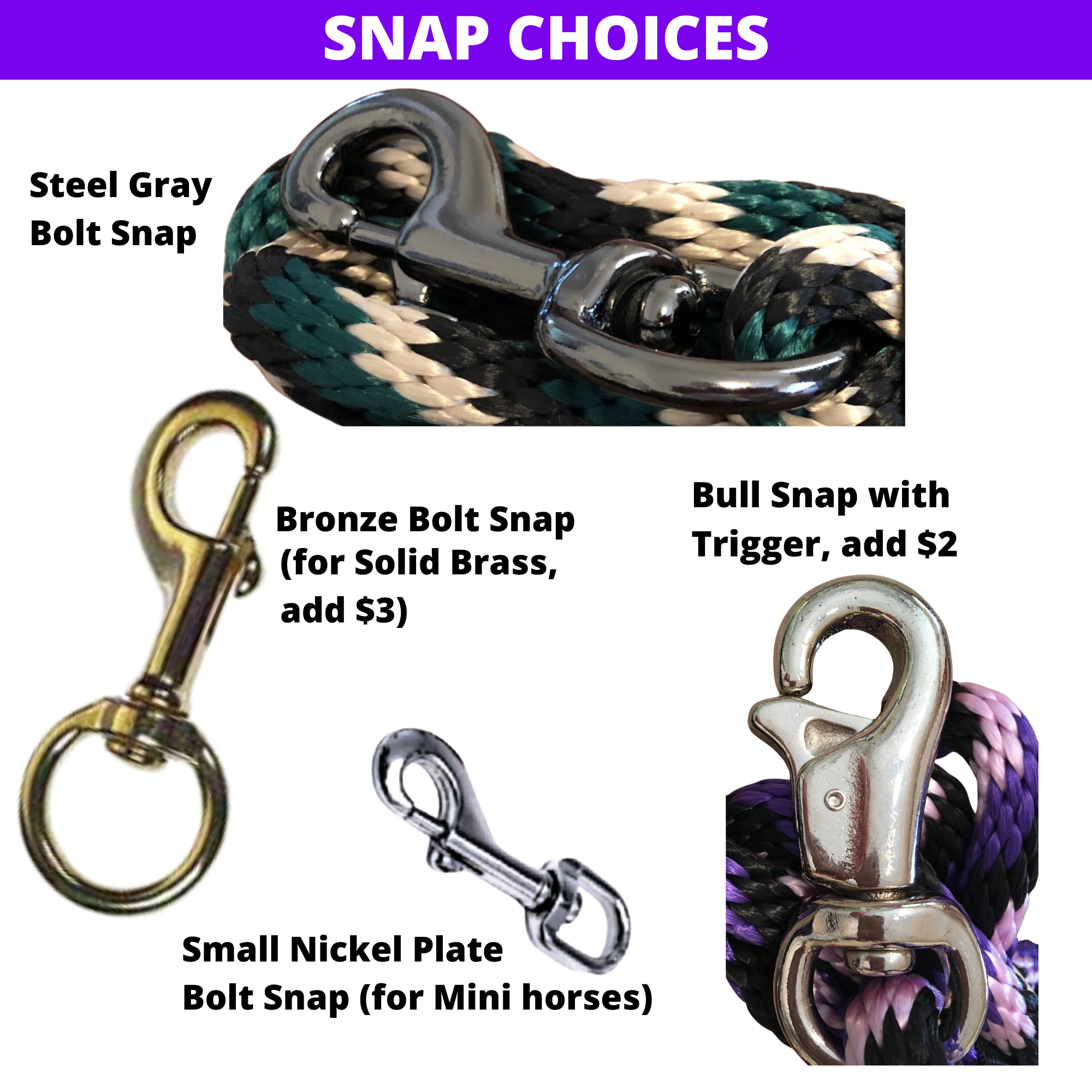 Snap hardware choices for I.C.E. Products USA personalized lead ropes including bolt and bull snaps