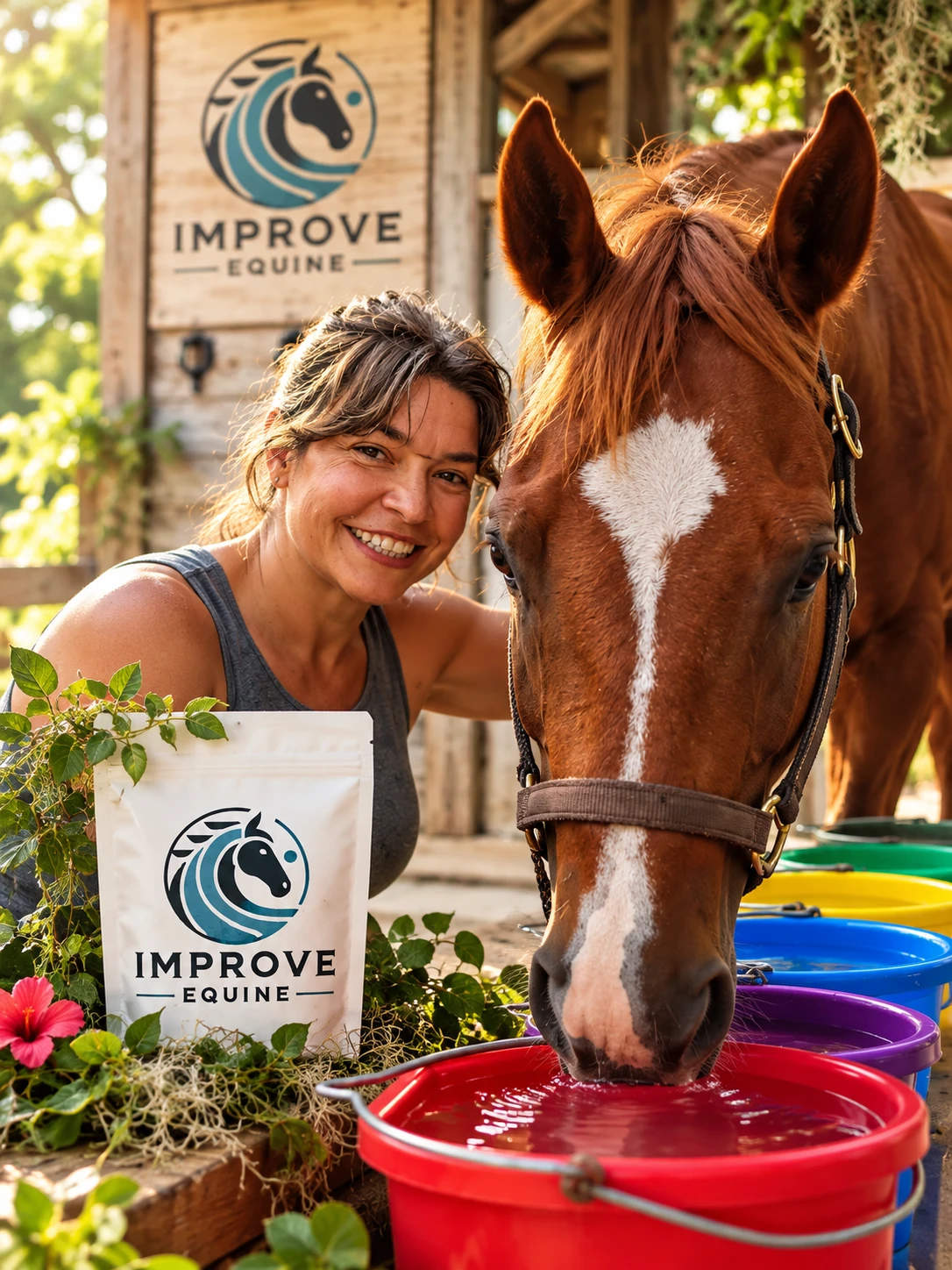 Smiling horse owner beside a chestnut horse drinking red flavored water from a row of colored buckets, with an Improve Equine pouch