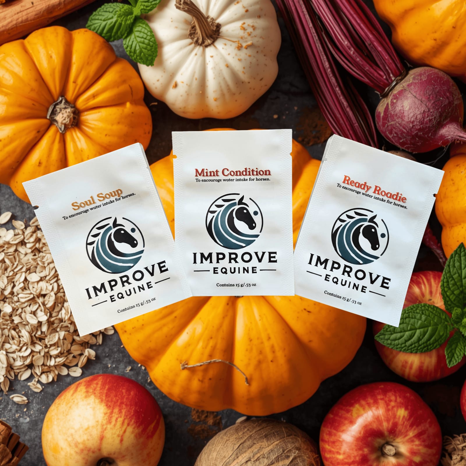 Improve Equine Palate Profile sampler pouches Soul Soup, Mint Condition and Ready Roadie resting on a pumpkin among apples, beets and oats