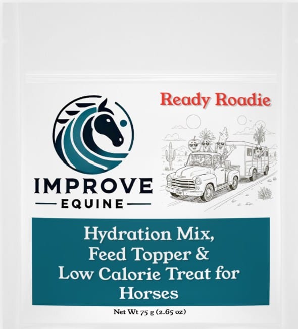 Improve Equine Ready Roadie bag labeled Hydration Mix, Feed Topper and Low Calorie Treat for Horses with a truck and trailer drawing