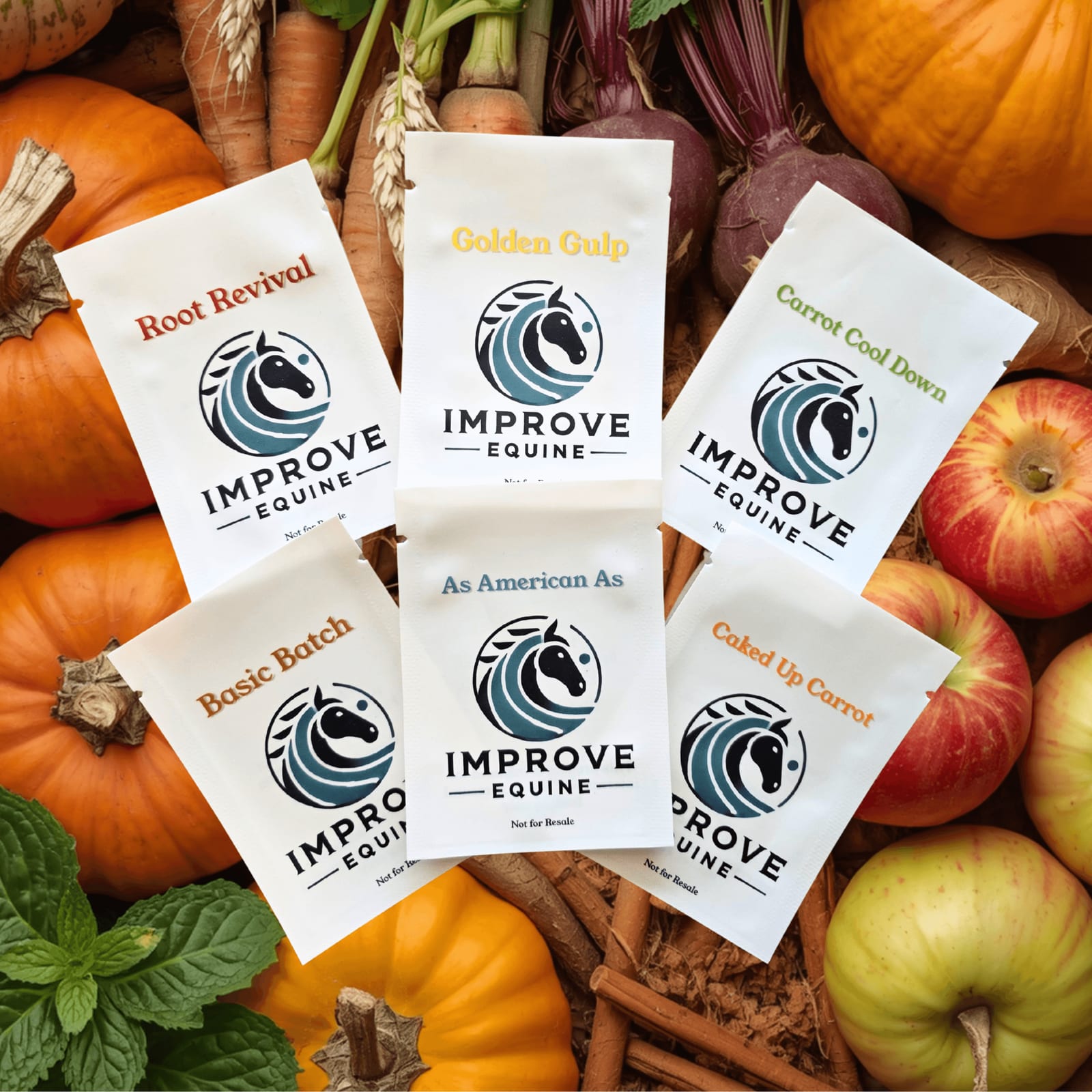 Six Improve Equine sampler pouches labeled Root Revival, Golden Gulp, Carrot Cool Down, Basic Batch, As American As and Caked Up Carrot on pumpkins, carrots, apples and mint