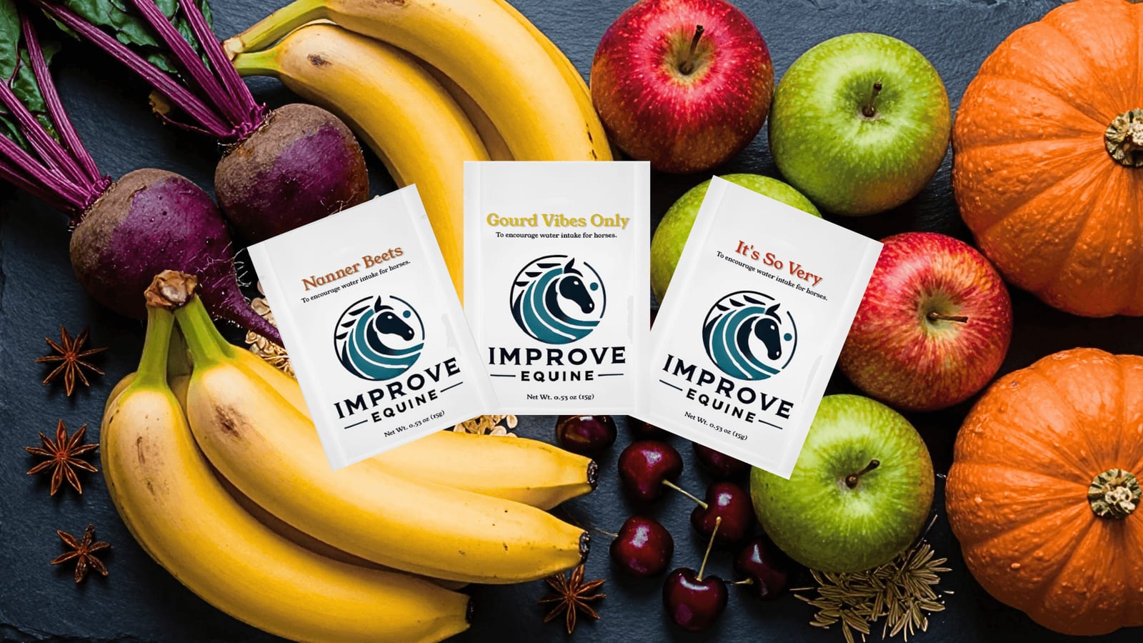 Improve Equine Tasting Trough sampler pouches Nanner Beets, Gourd Vibes Only and It's So Very with bananas, beets, apples, cherries and pumpkins