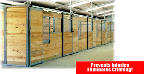 J.W. Hall galvanized steel custom horse stall fronts in a barn aisle