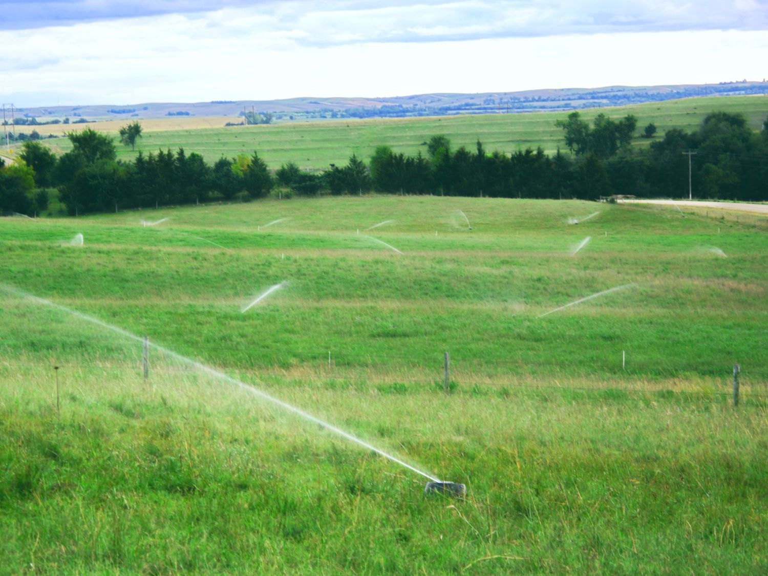 Full line of K-Line Irrigation sprinkler pods irrigating a rolling green pasture