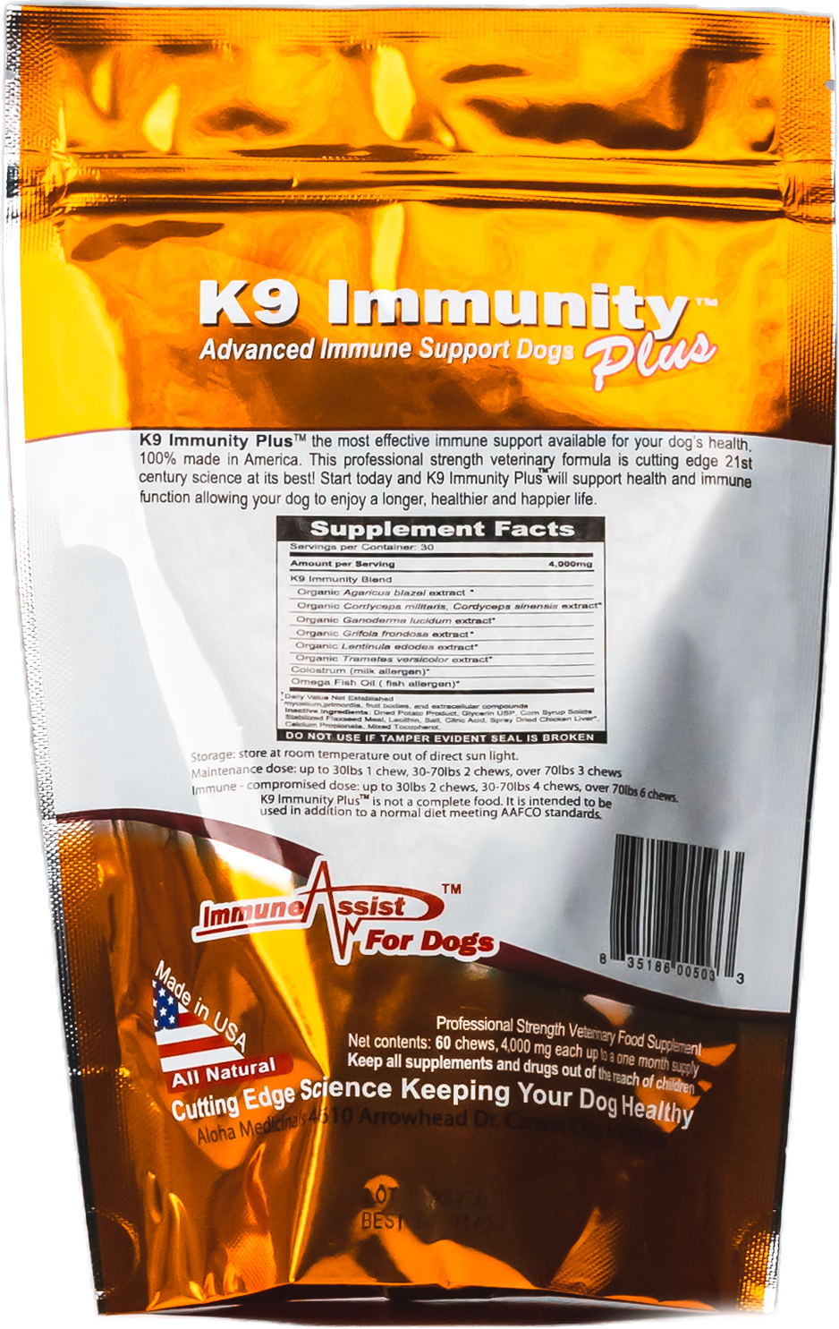 K9 Immunity Plus large dog bag back label and feeding directions