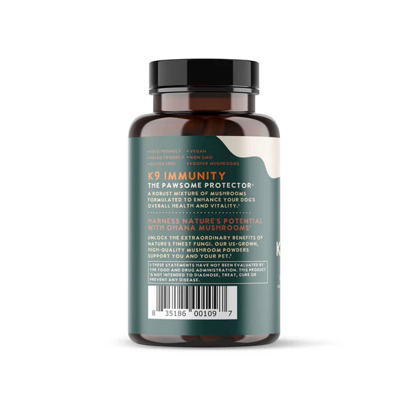 K9 Immunity supplement bottle left-side label showing Immune Assist mushroom complex by K9 Medicinals
