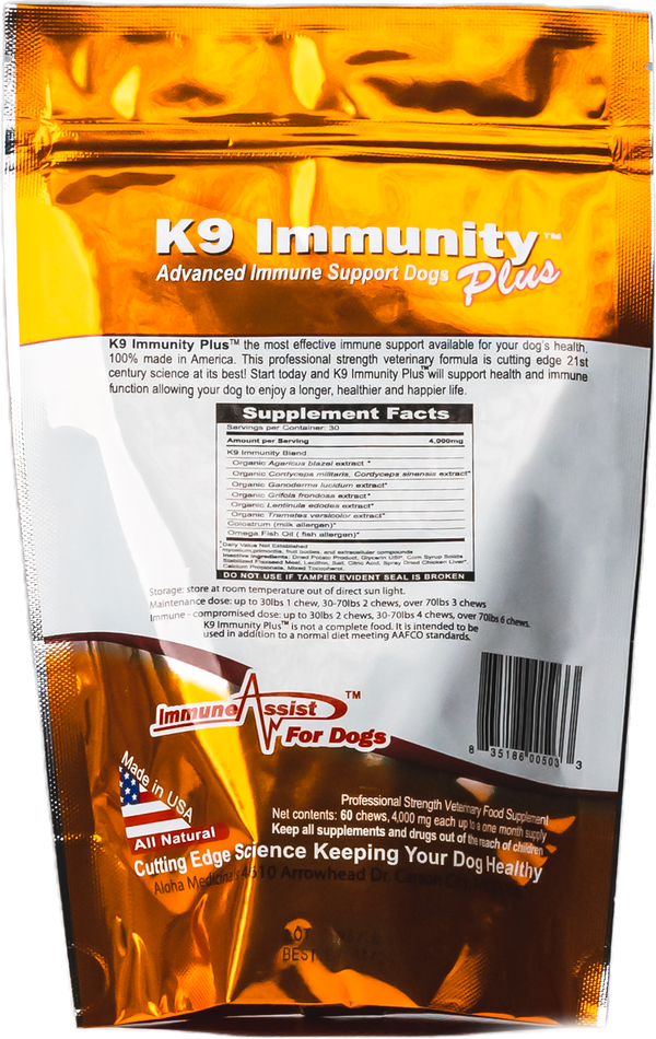 K9 Medicinals K9 Immunity Plus large dog bag back label with ingredients and feeding directions