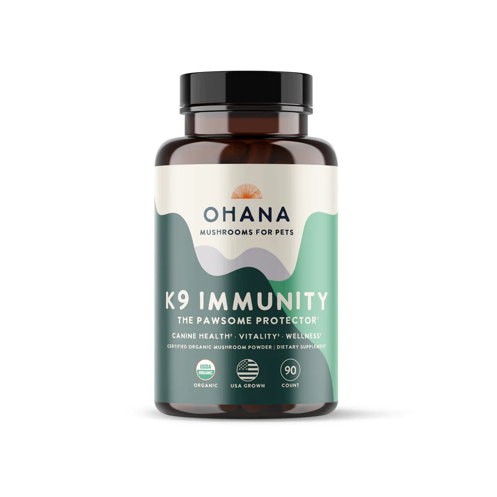 Ohana Mushrooms K9 Immunity organic medicinal mushroom immune supplement bottle for dogs - front