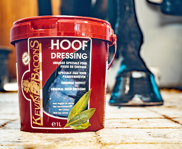 Tub of Kevin Bacon's Original Hoof Dressing with fresh bay leaves beside a freshly treated hoof