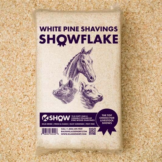Klassen Wood Co. SHOWFLAKE bright white pine horse shavings shown as a soft flat pile