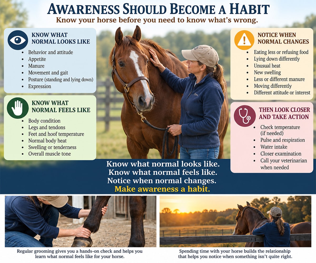 Infographic, Awareness Should Become a Habit: know what normal looks like (behavior, appetite, manure, movement, posture, expression), know what normal feels like (body condition, legs, feet, body heat, swelling, muscle tone), notice when normal changes, then look closer and call your veterinarian when needed
