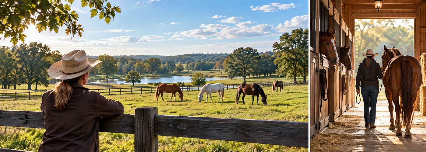 Two scenes: a rider leans on a wooden fence watching horses graze in a pasture, and a rider leads a horse down a sunlit barn aisle