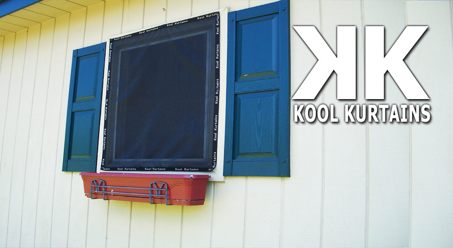 Horse standing comfortably behind a Kool Kurtains shade and insect screen panel