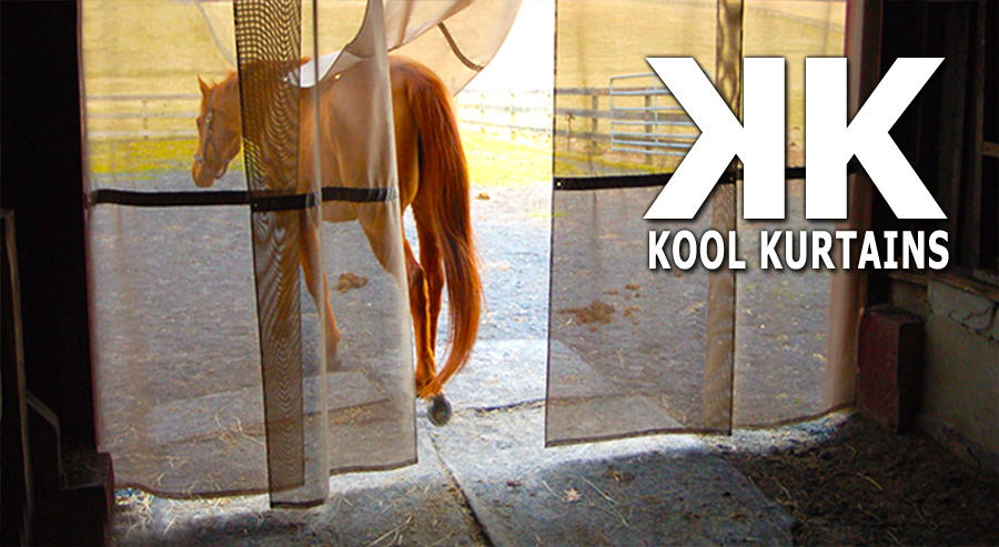 Kool Kurtains heat-deflecting curtain screening a stall doorway from flies and birds