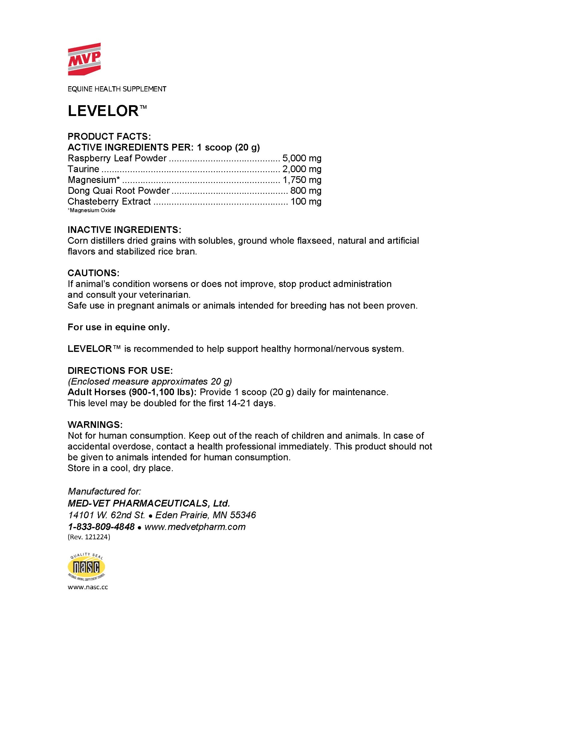 Levelor product facts panel listing raspberry leaf, taurine, magnesium and feeding directions