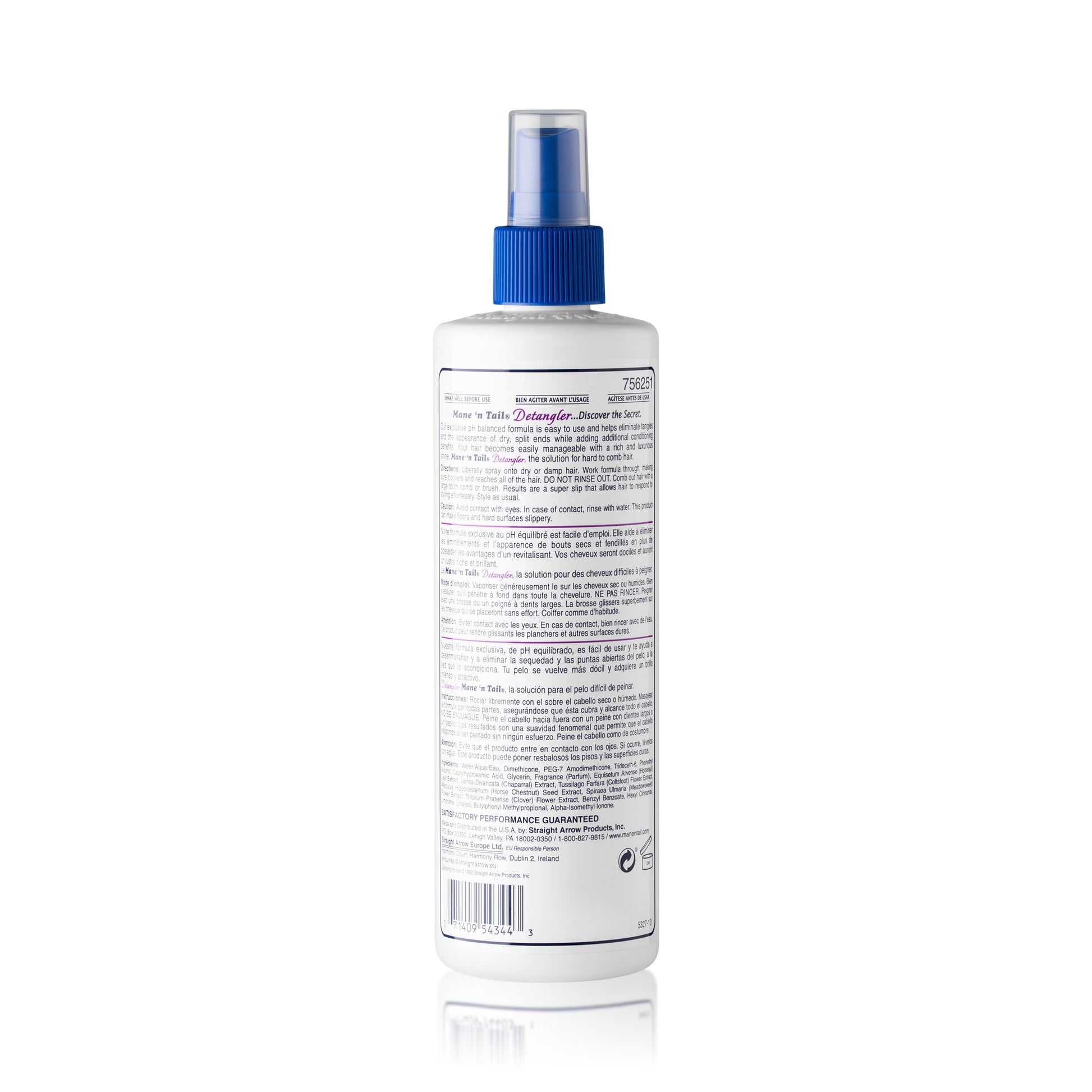 Mane 'n Tail Detangler Spray 12 oz bottle back label by Straight Arrow Products