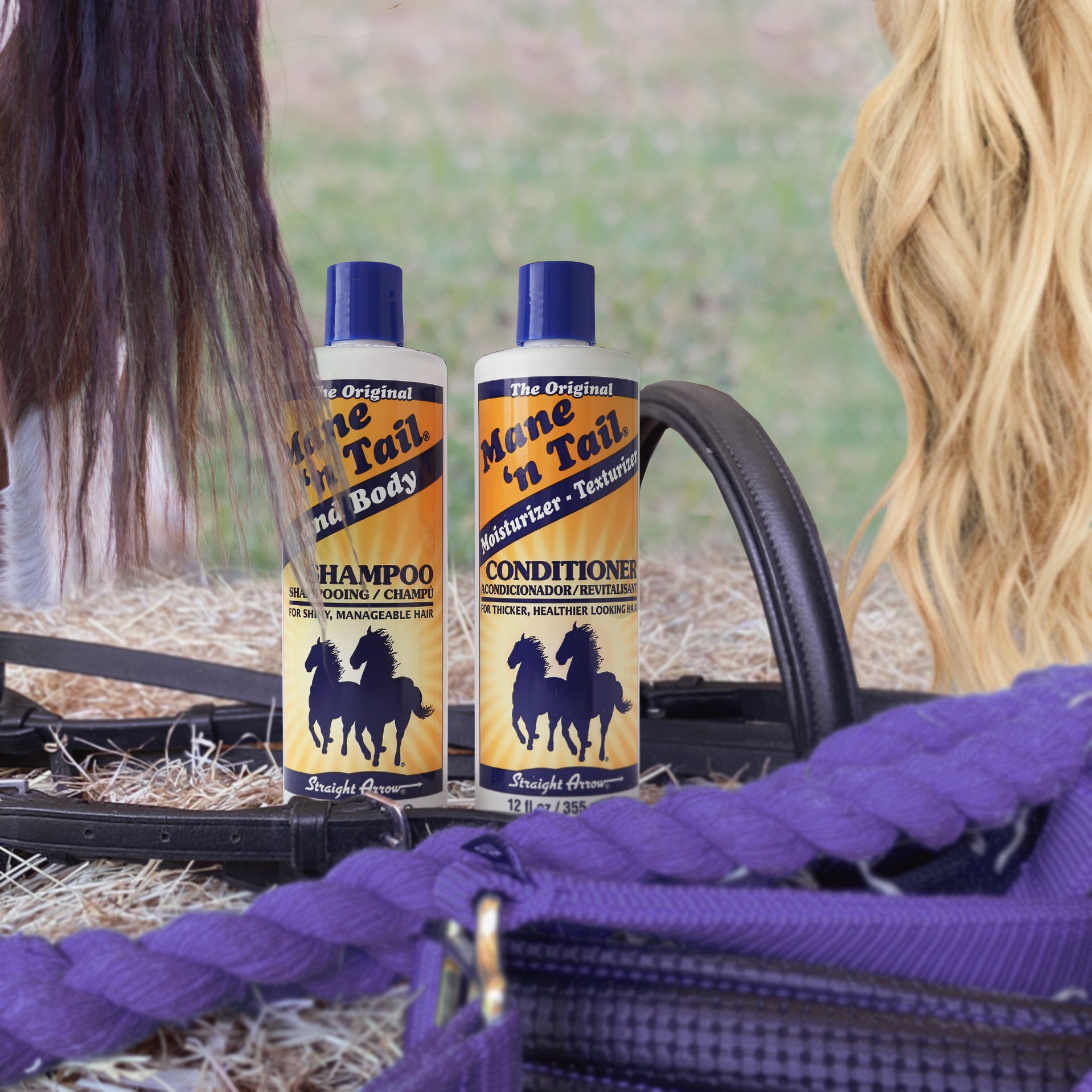 Mane 'n Tail Original Range shampoo and conditioner staged in a horse barn environment