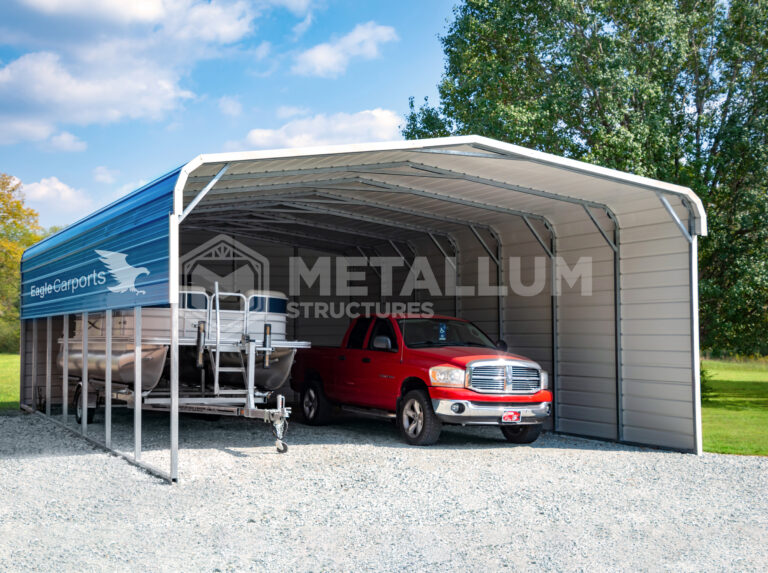 Metal Carports A-frame steel building with garage doors