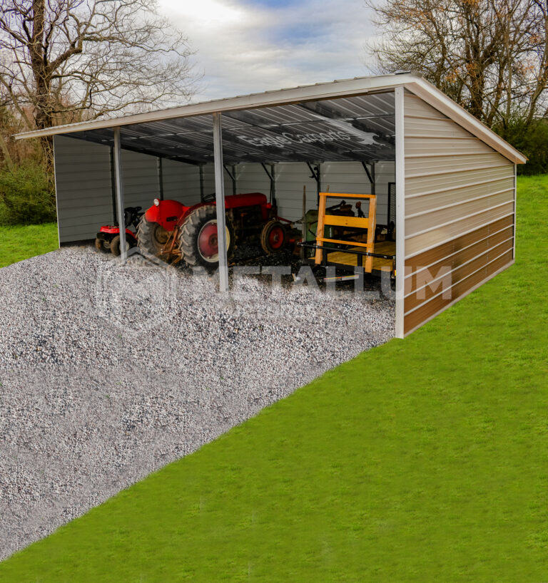 Metal Carports custom steel barn with lean-to extensions