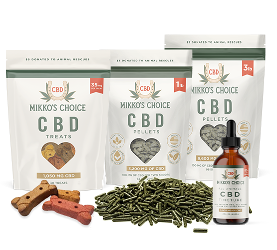 Mikko's Choice CBD product lineup montage of pellet bags and tincture for horses and pets