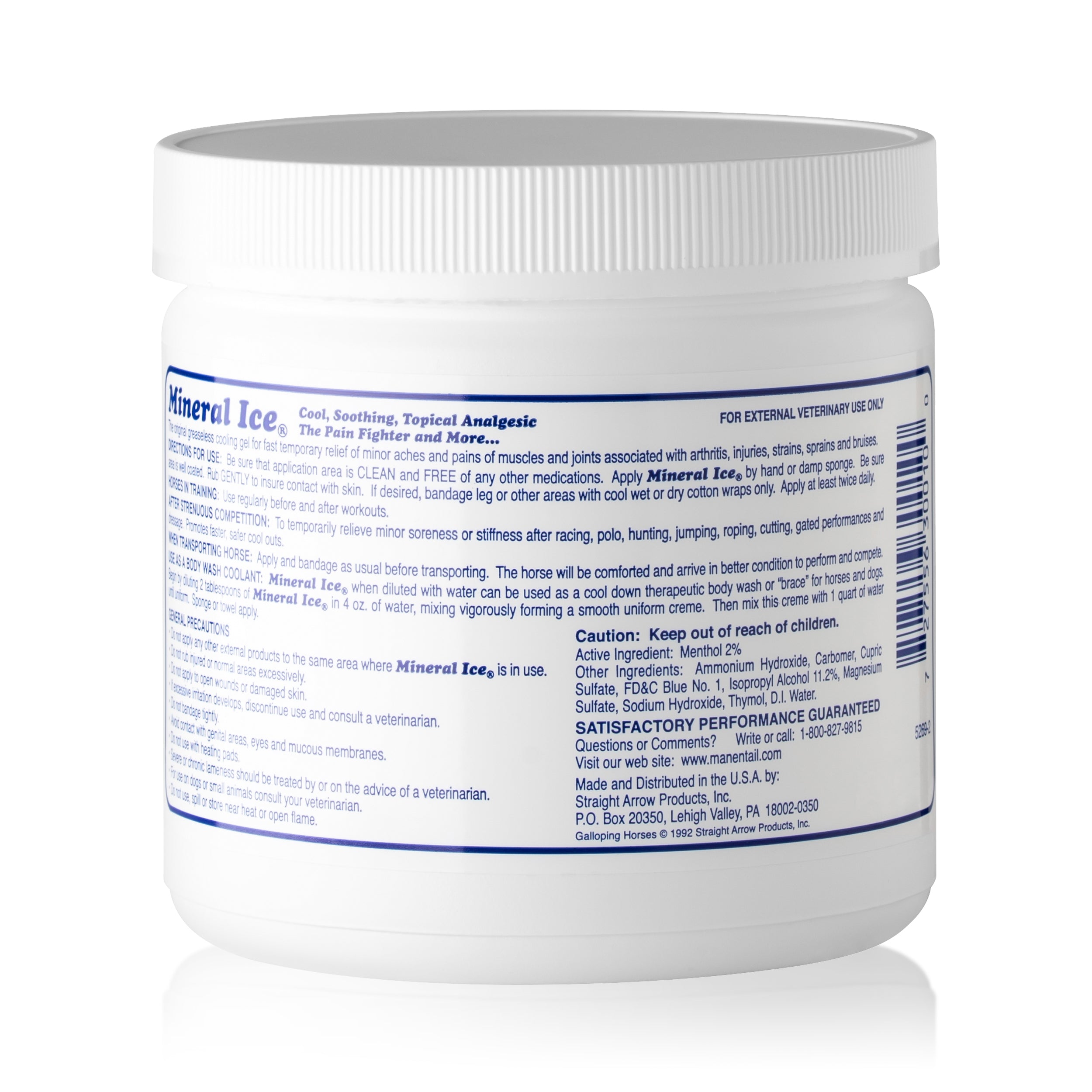 Back label of the Mineral Ice pain relieving gel tub showing product details and directions
