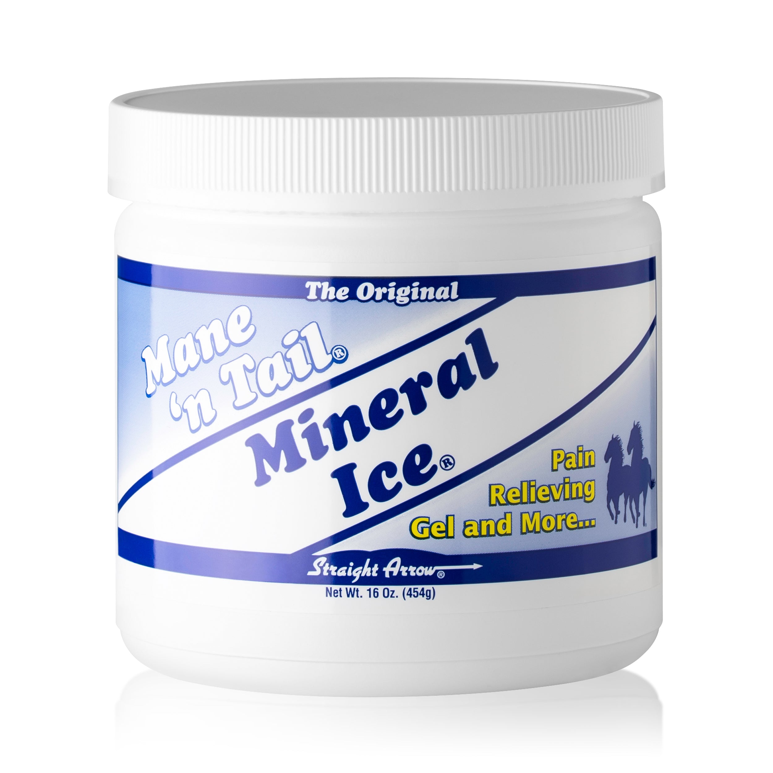 16-ounce tub of Mineral Ice pain relieving gel by Straight Arrow shown front label