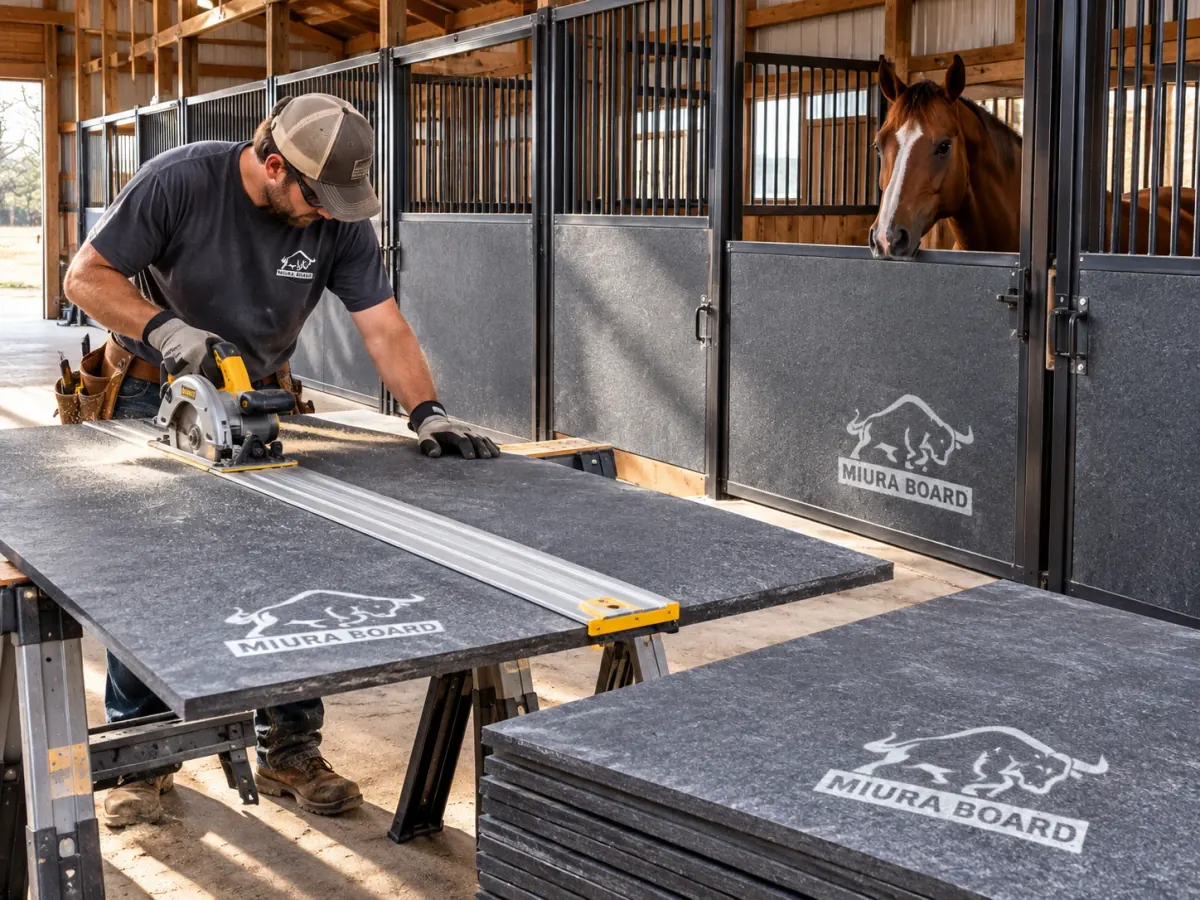 A builder cuts a gray Miura Board panel with a circular saw on a guide rail beside finished Miura Board stall walls, with a chestnut horse looking over a stall door