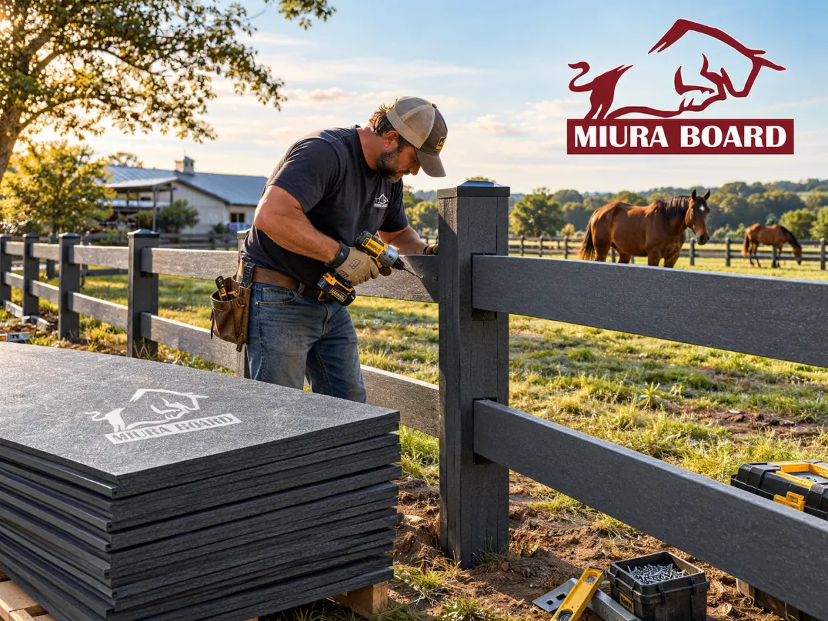 A fence builder drives screws into a dark gray Miura Board post-and-rail horse fence beside a stack of Miura Board panels, with horses grazing in the pasture behind