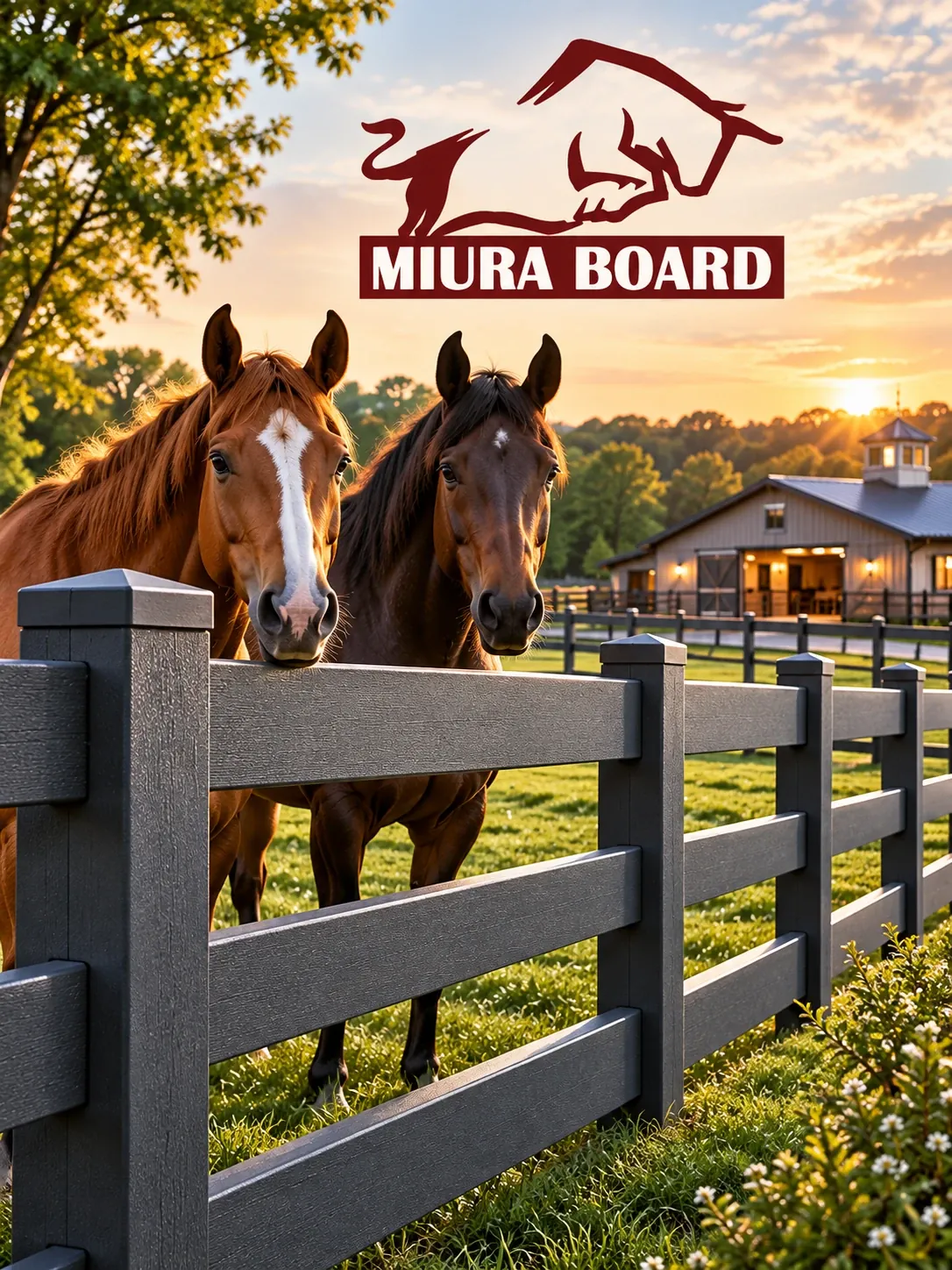 Miura Board original ad: two horses look over a dark gray Miura Board post-and-rail fence at sunset with a white barn behind and the red Miura Board bull logo