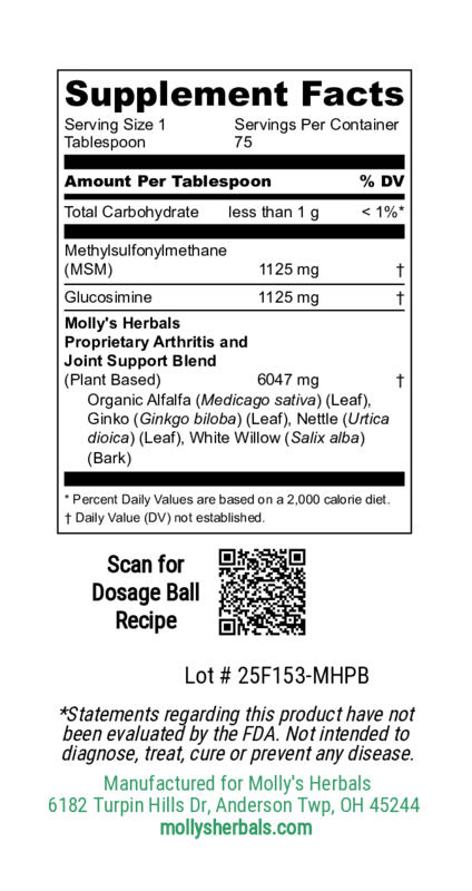 Molly's Herbals Arthritis & Joint Support label showing glucosamine and MSM herbal blend