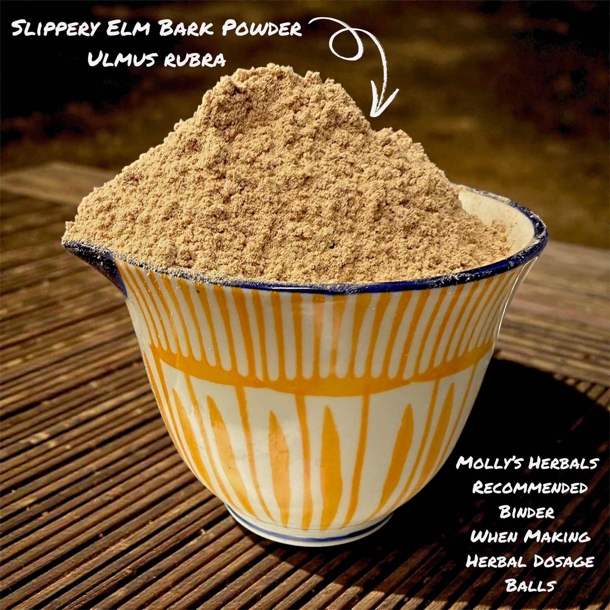 Finely ground slippery elm bark powder mounded in a hand-painted ceramic bowl on a bamboo mat
